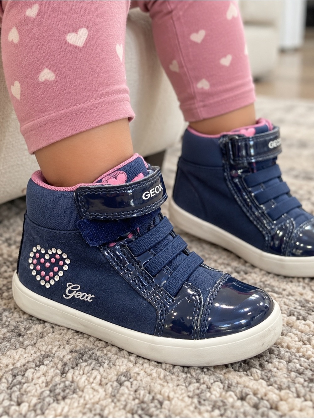 GEOX Girls Leather Suede High Top Sneakers Navy Heart Studded Size 6.5 US / 22 E